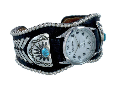 Navajo Turquoise Beaded Sterling Silver Leather Cuff Watch NN20297